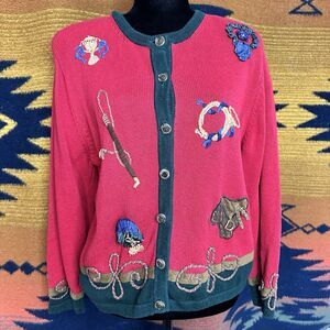 Vintage Susan Bristol Cardigan Sweater Women Large Red Equestrian Horse Show
